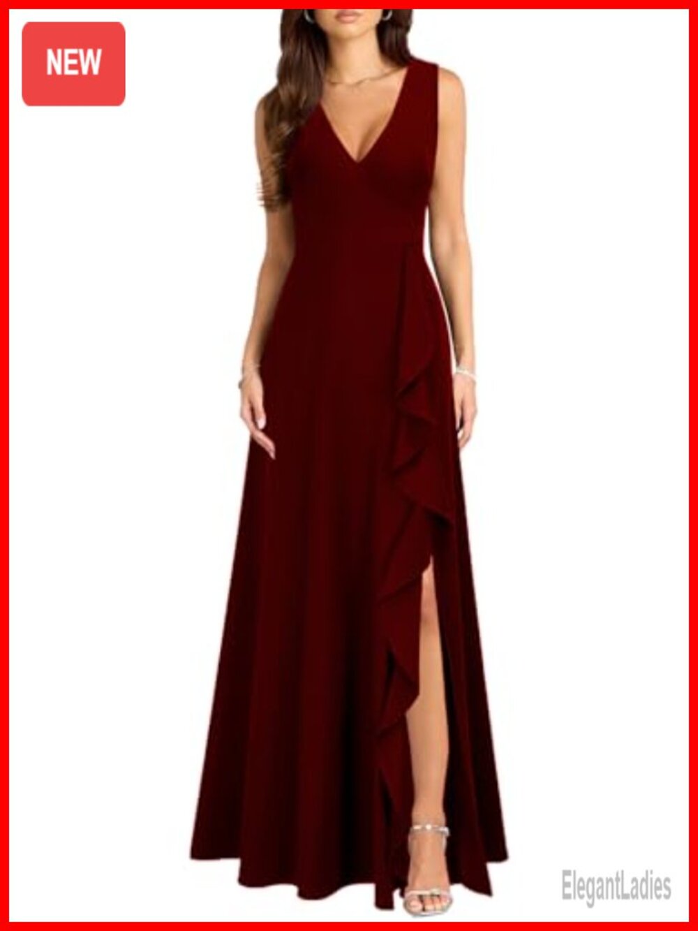V Neck Split Cocktail Dress with Pockets Ruffle Long Formal Party Gown